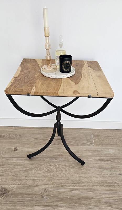 Oak and metal side table — industrial / art deco design