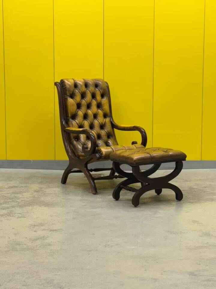 Original English Chesterfield Wingback Chair & Matching Footstool