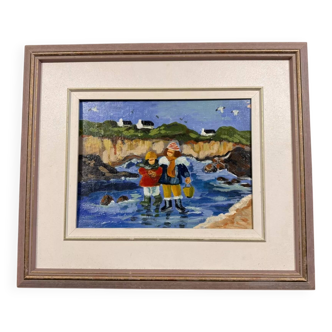 Tableau huile marouflée sur carton : paysage animé et coloré en Bretagne