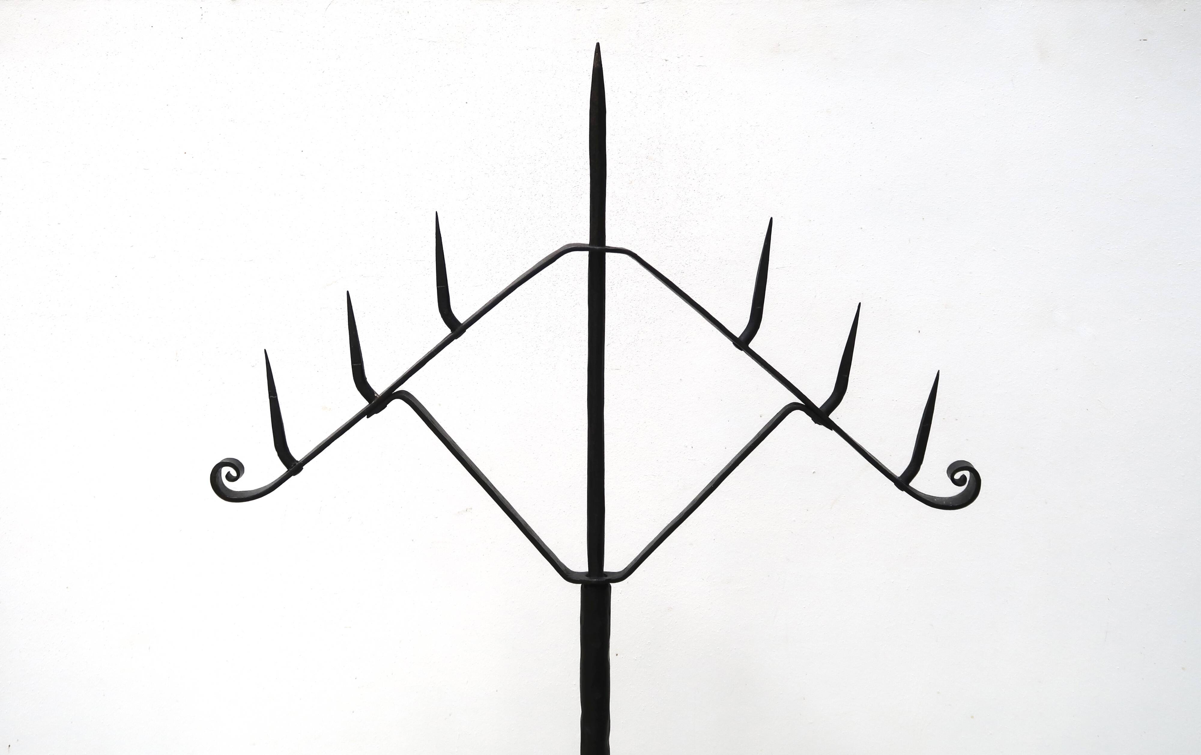 Large 7-arm wrought iron tripod candle holder, 1950s
