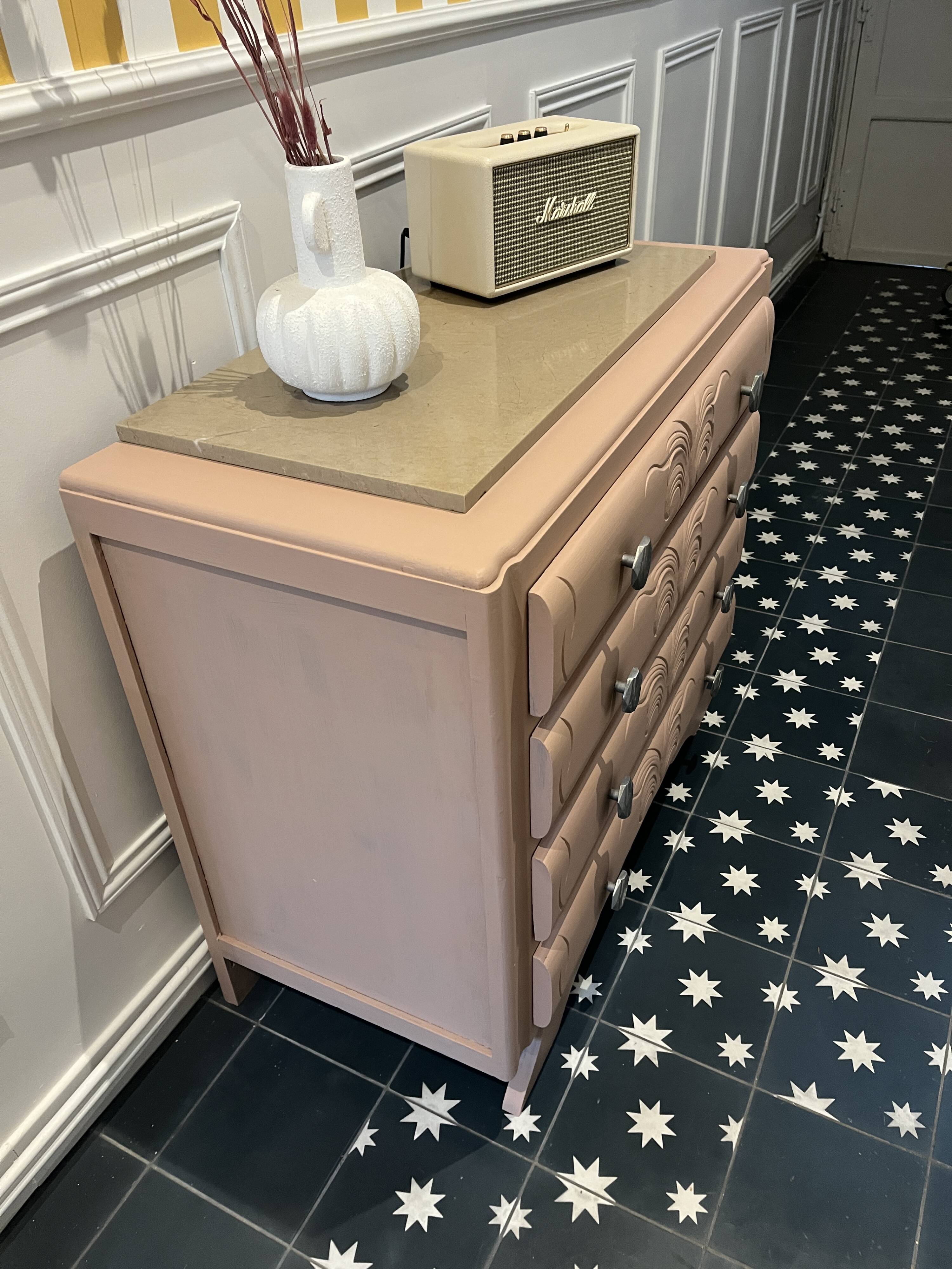 Renovated marble commode - red path - 1950s 1960s - marble and solid wood