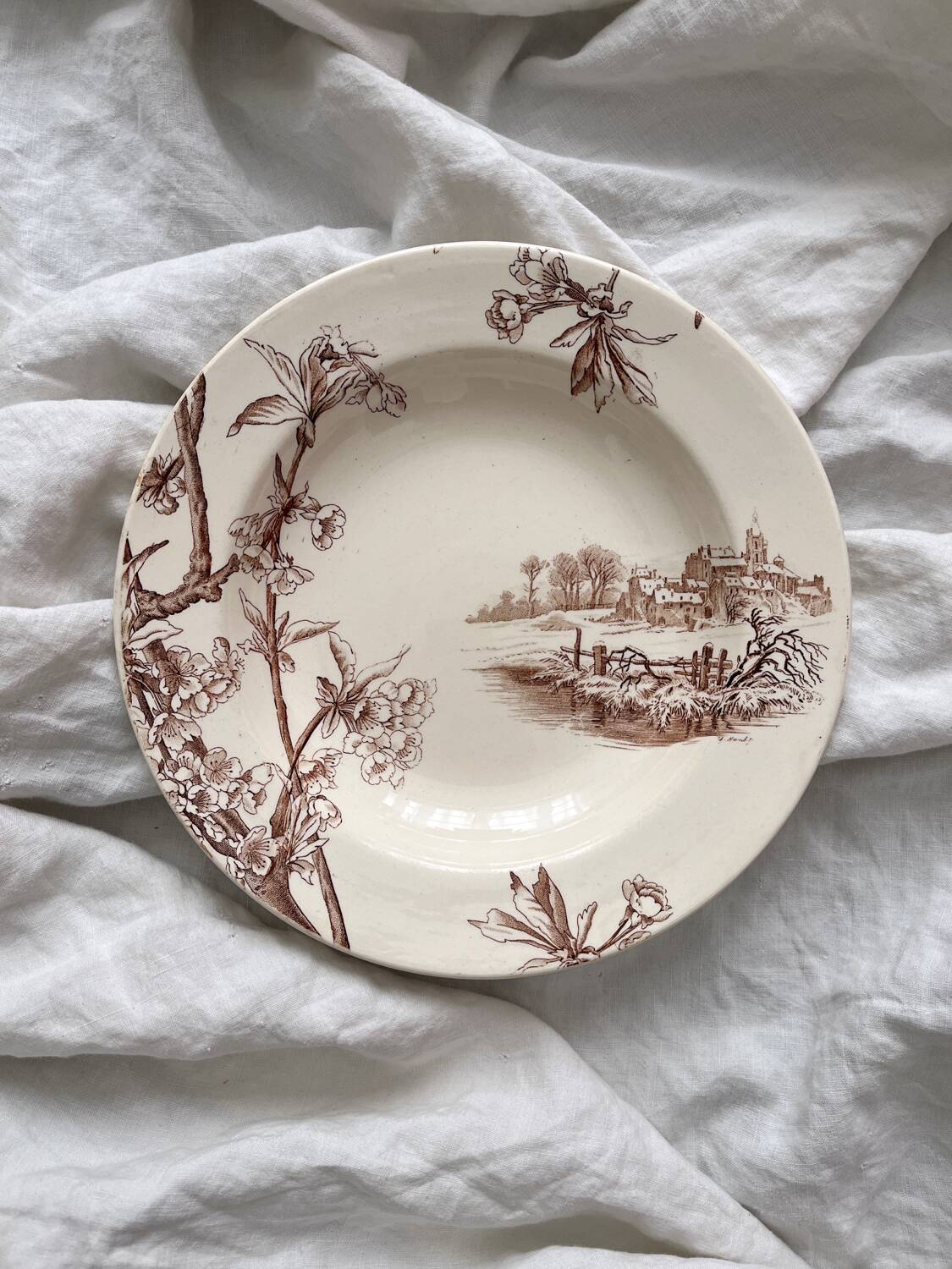 Deep ironstone plate "Cherry Tree" Creil and Montereau
