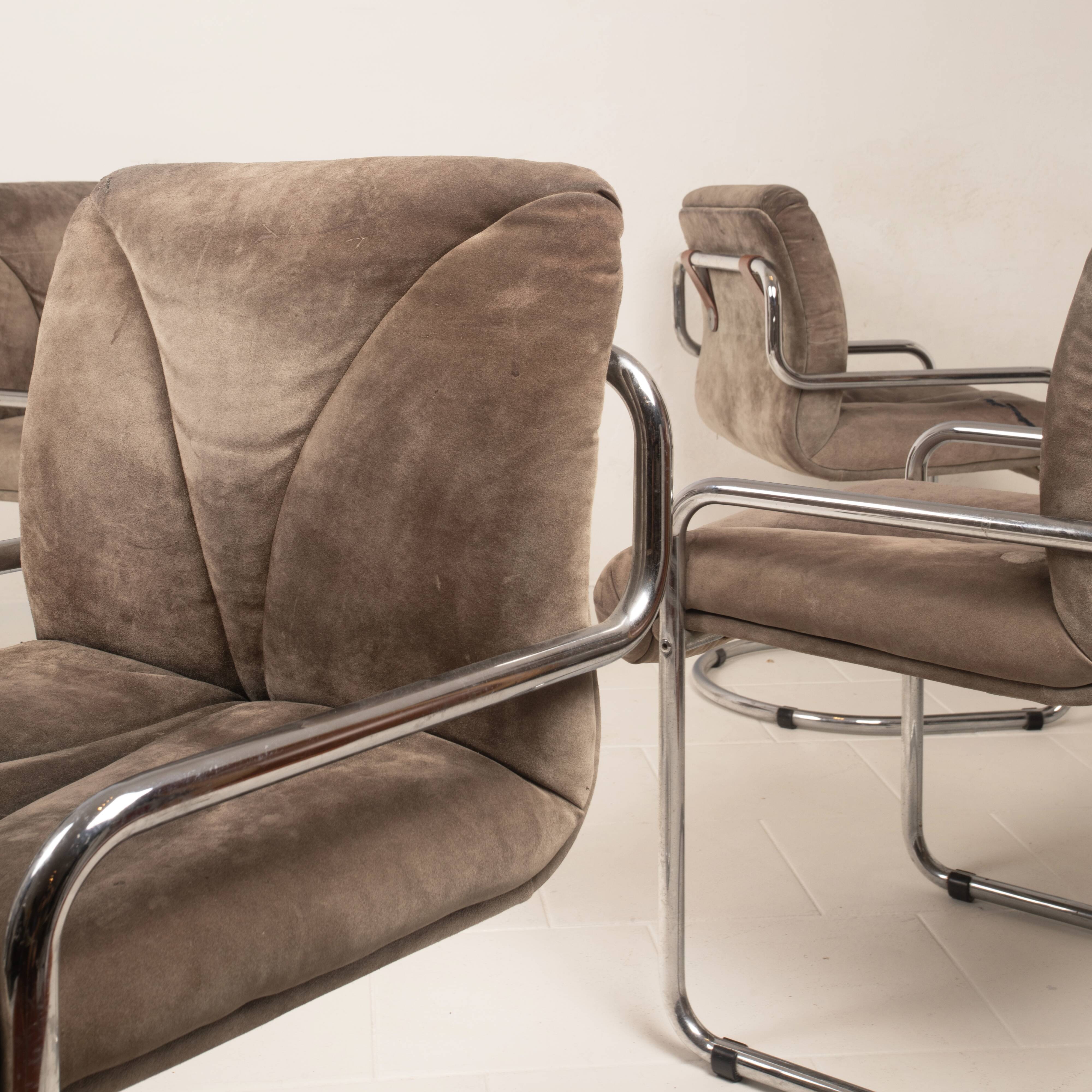 Guido Faleschini Italian Astro Chrome and Taupe Suede Armchairs for i4 Mariani
