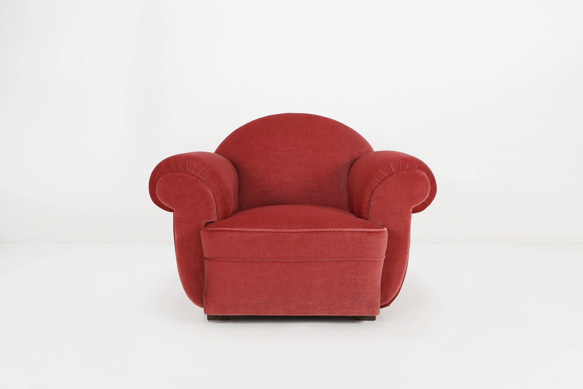 Set of 3 French Art Deco Red velvet Upholstered Armchairs, 1930s