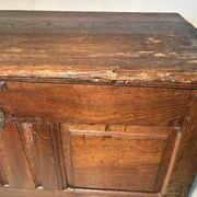 Rustic antique oak chest, original fittings and moulded panels.