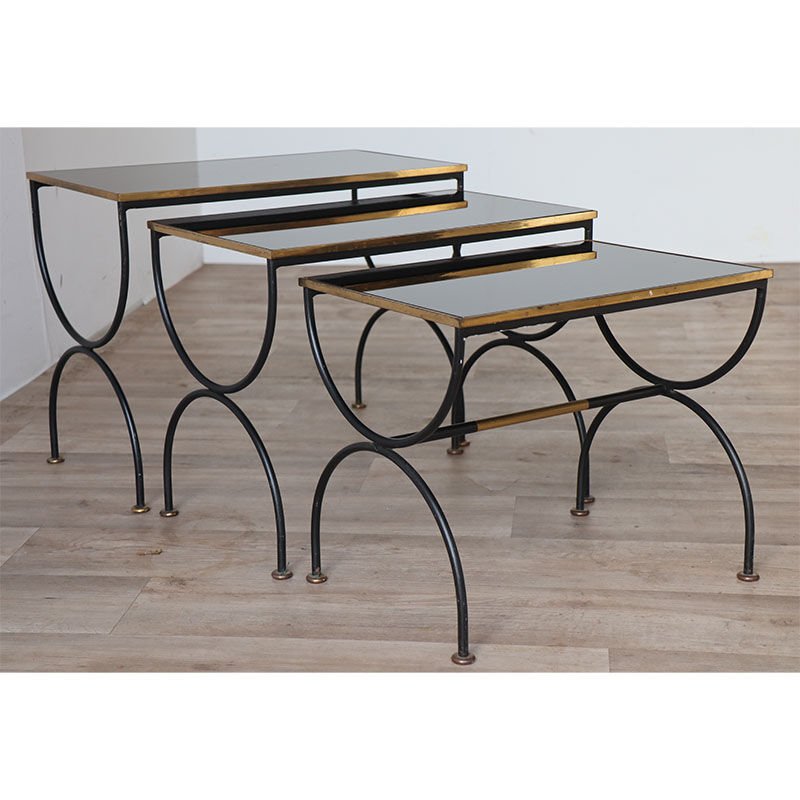 Vintage nesting tables in metal and black opaline glass 1950