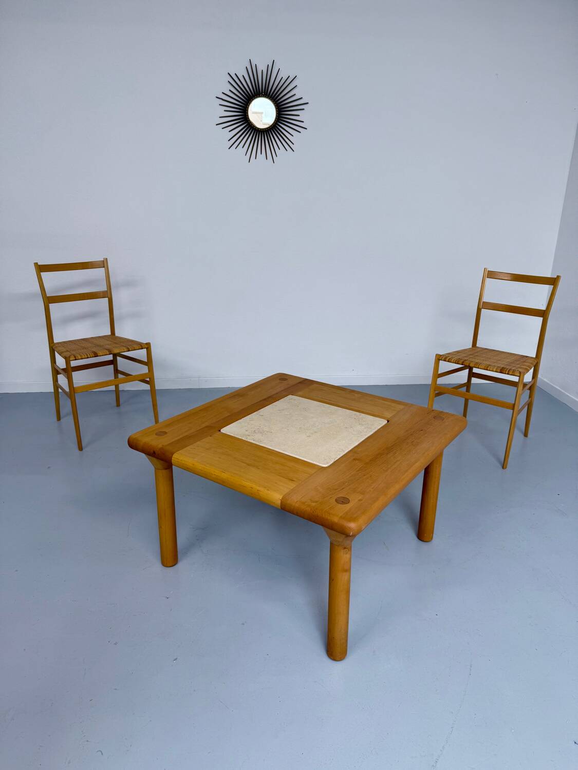 Table basse ancienne bois et travertin design des années 70 vintage
