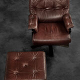 Vintage Mid-Century Scandinavian Modern Brown Leather Executive Swivel Chair & Ottoman, 1970s