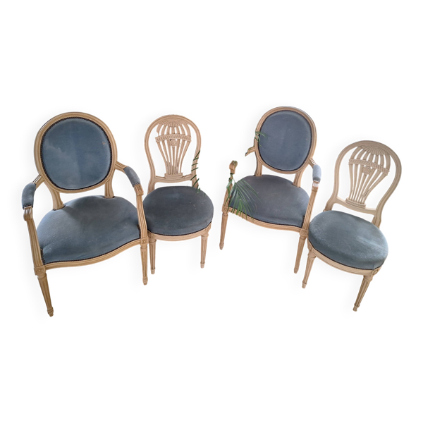 Lot de 2 fauteuils et 4 chaises style Louis XVI dossier Mongolfière