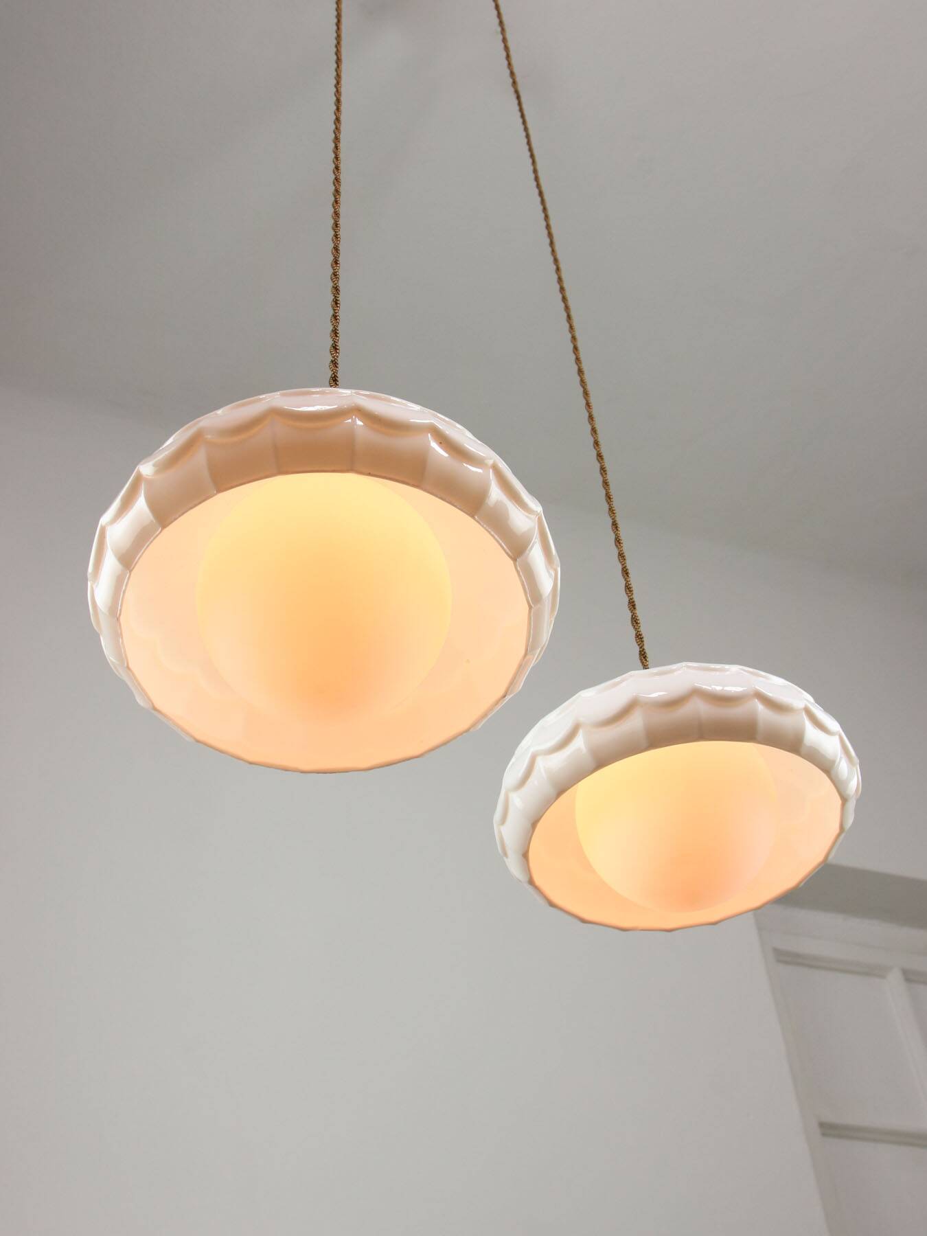 Mid-Century Italian Ceramic & Brass Pendant Lamps, Set of 2