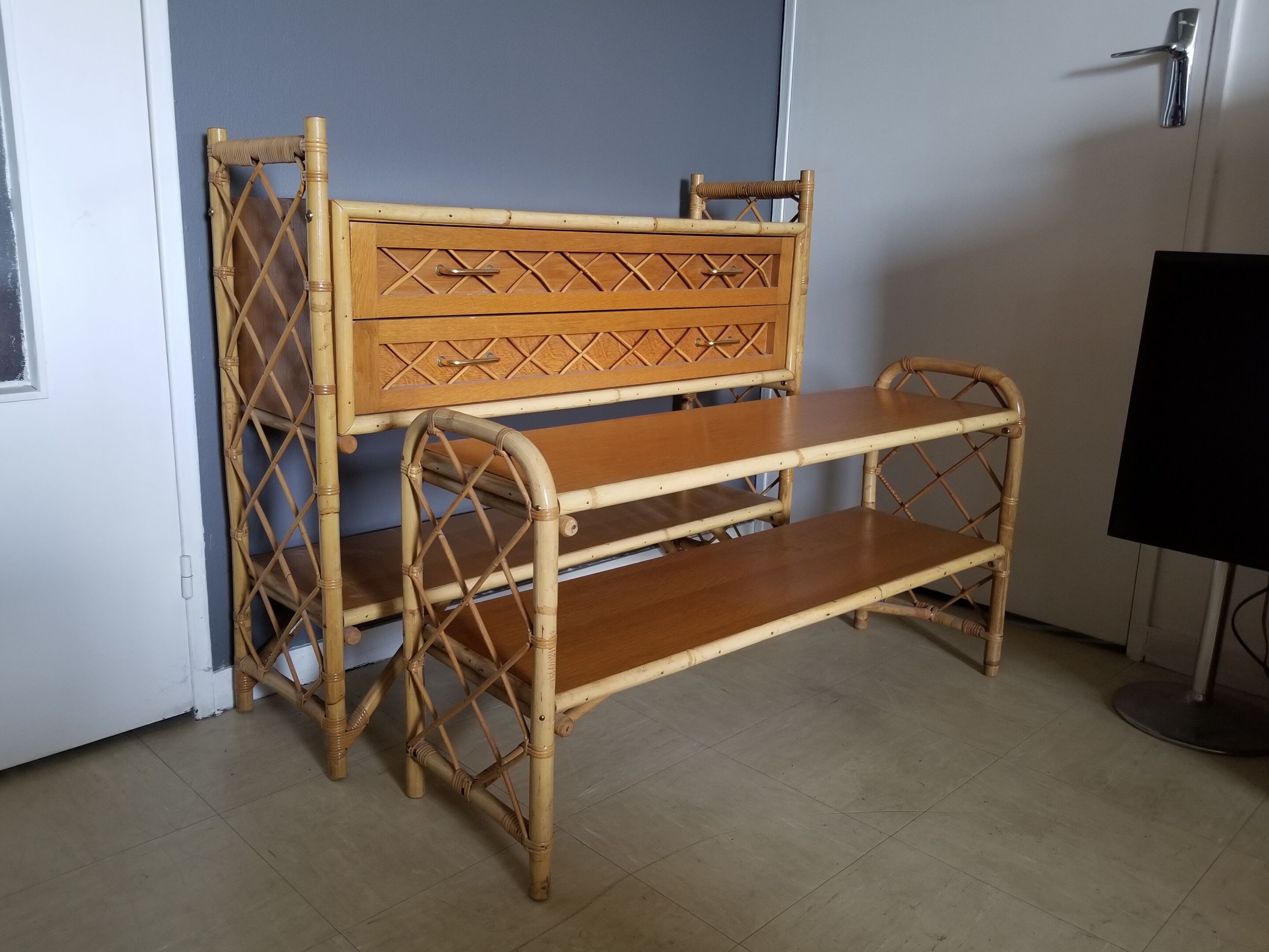 Louis Sognot vintage bamboo and rattan library - 1960s