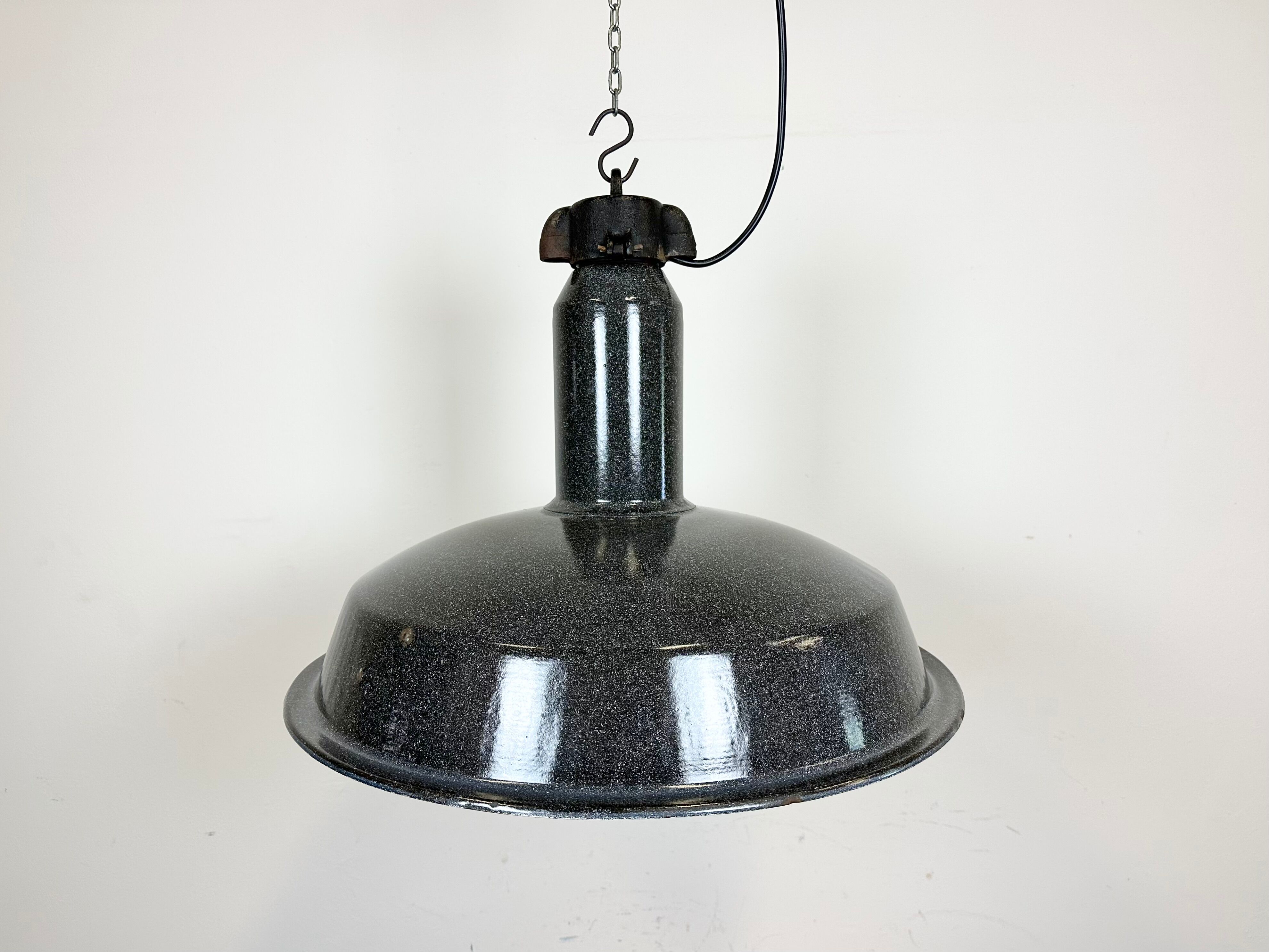 Large Industrial Grey Enamel Factory Lamp with Cast Iron Top, 1960s