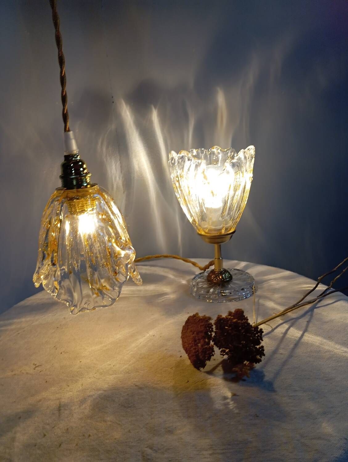 Hanging pendant light thick transparent draped and amber glass, vintage