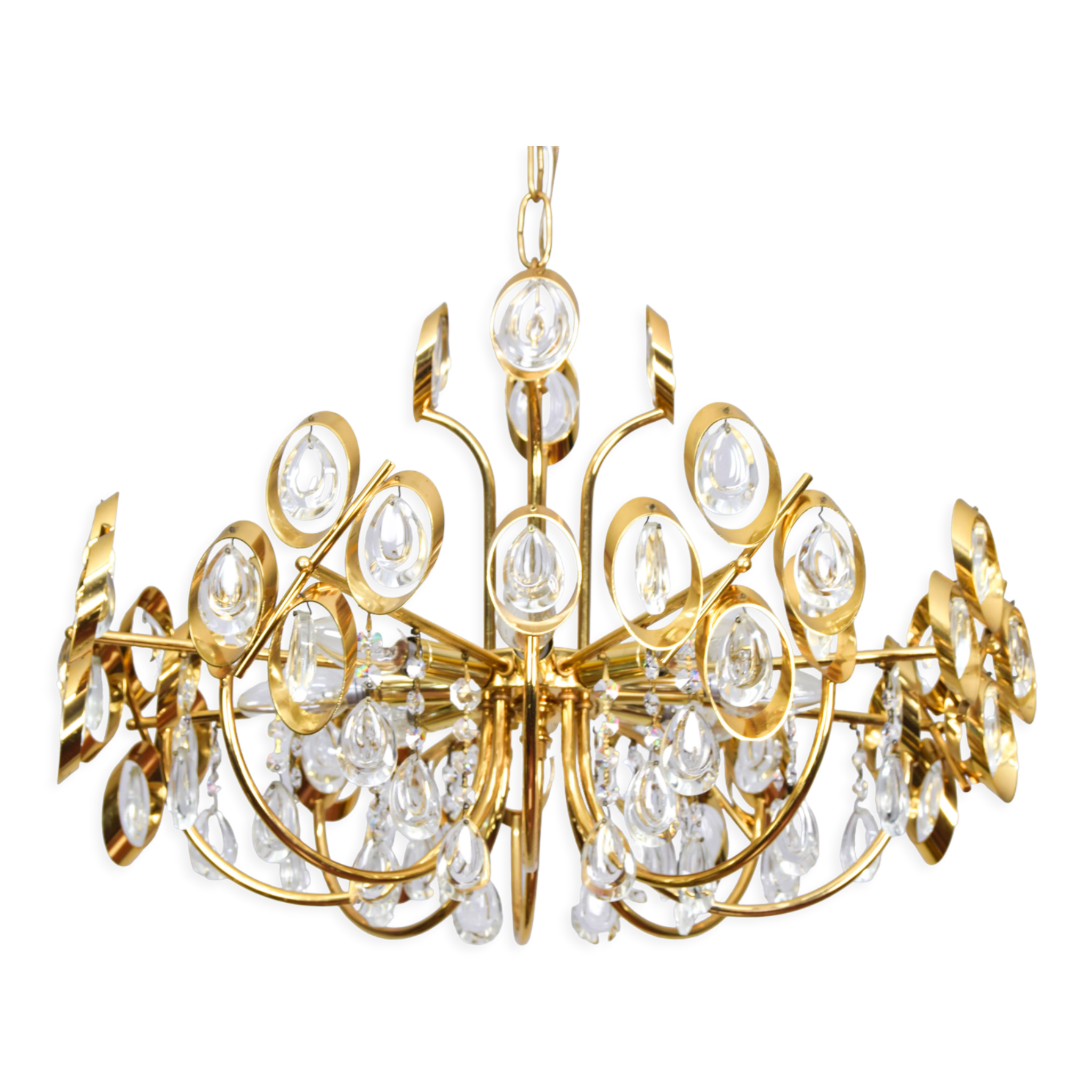 Mid century hollywood regency palwa gilt brass and crystal chandelier