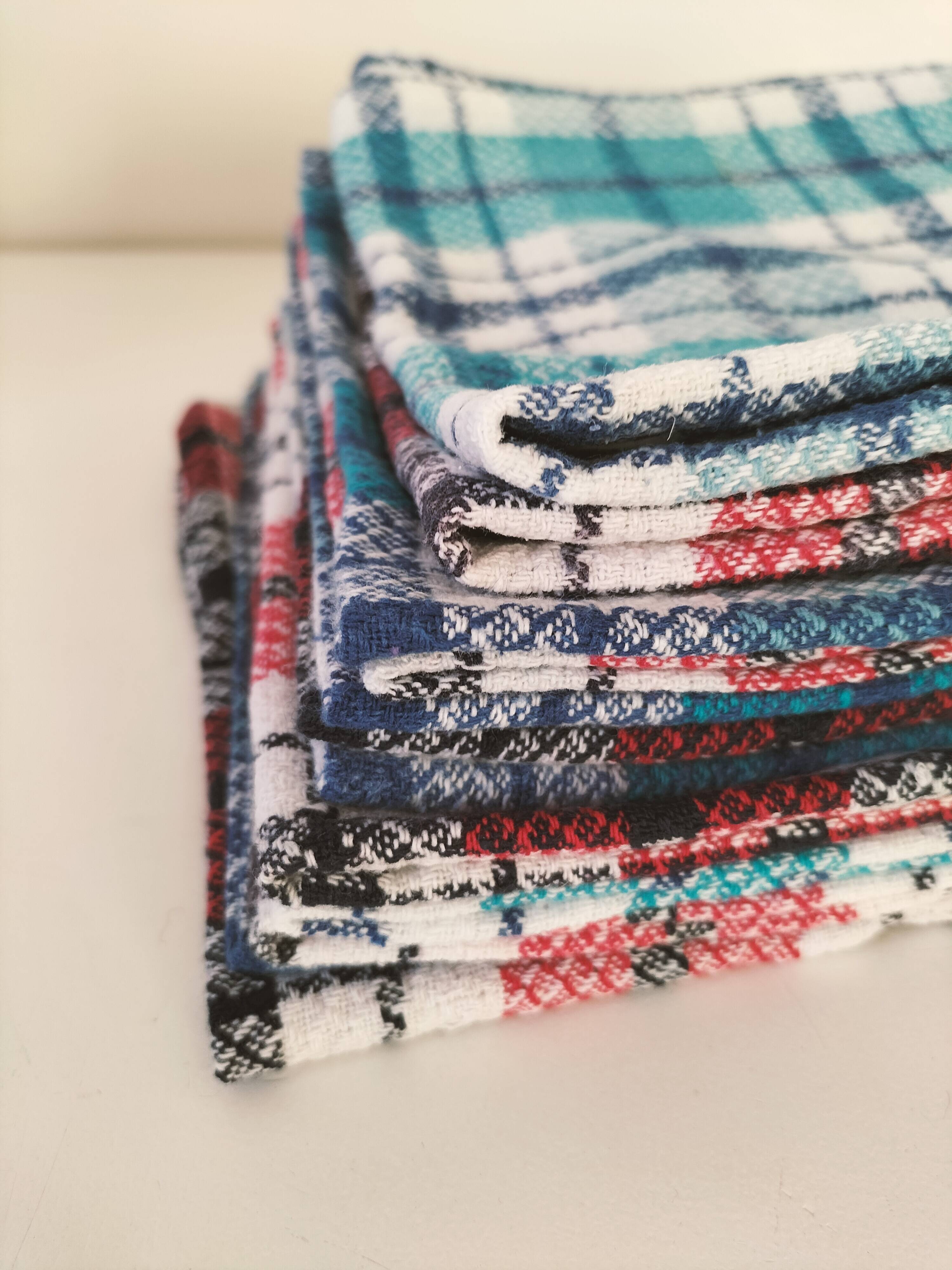 Ensemble de 12 serviettes vintage à carreaux – Rouge et turquoise