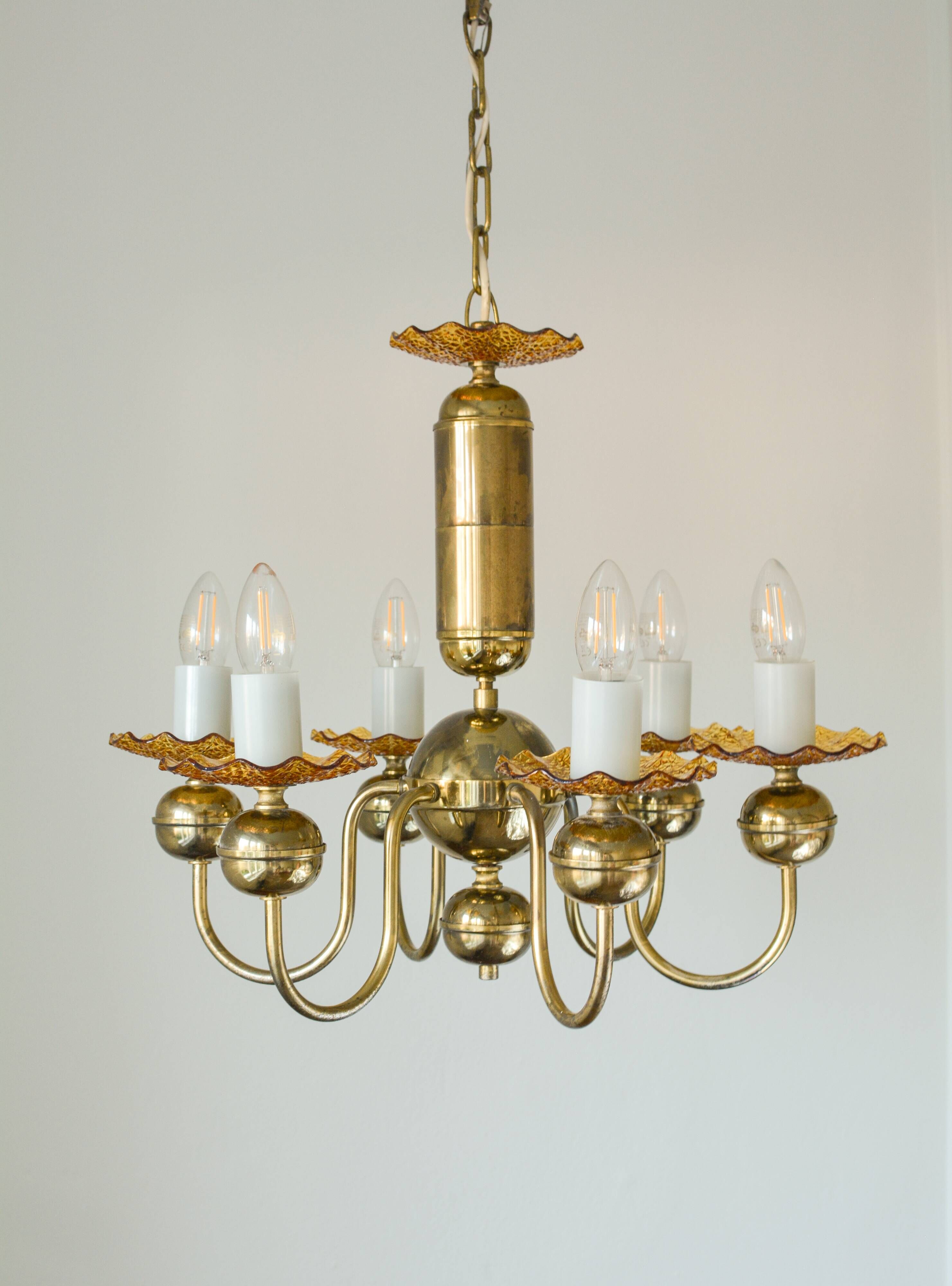 Vintage lustre Kamenický Šenov in amber glass and gold metal – Czechoslovakia