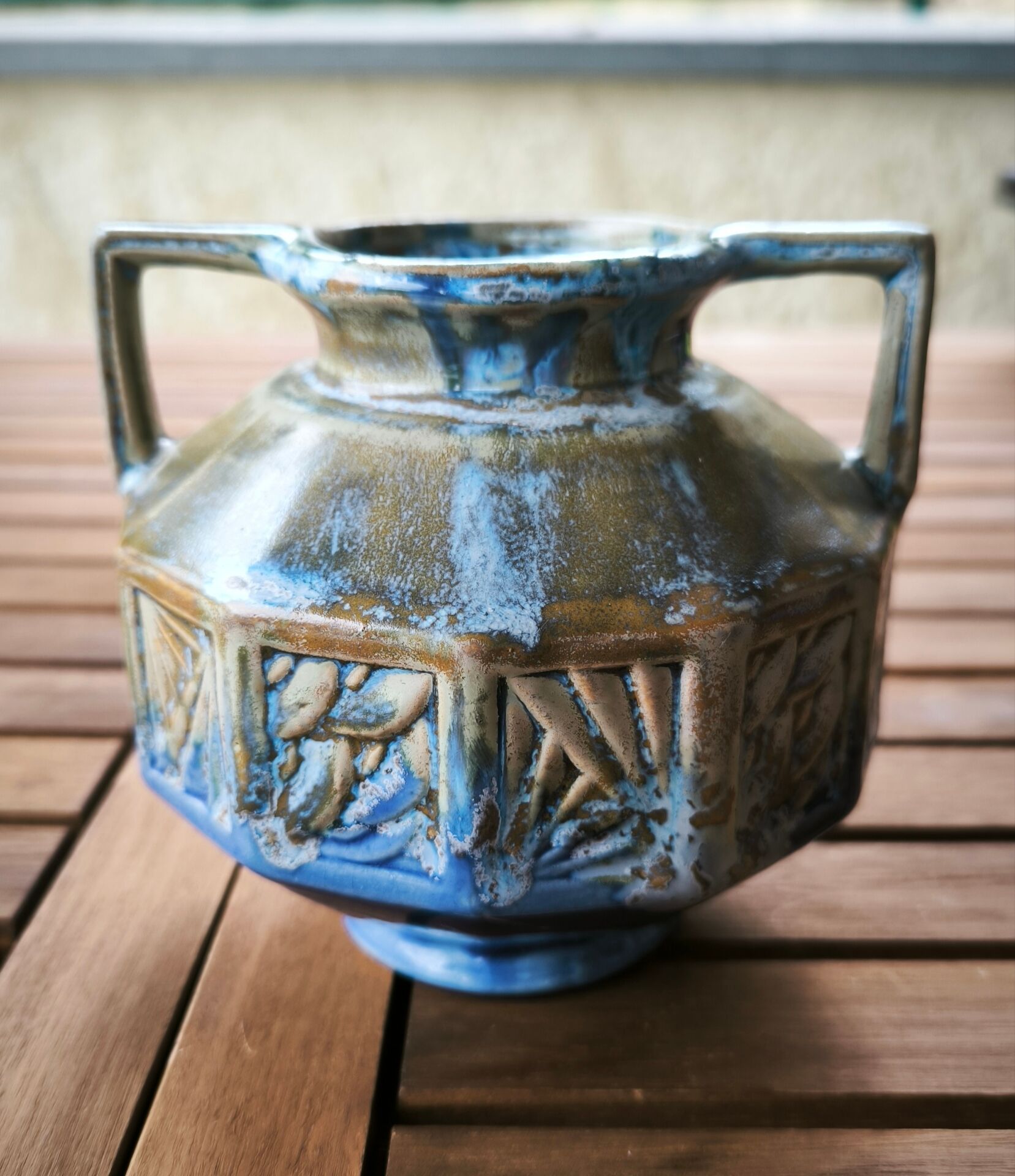 Art Deco octagonal vase in flamed stoneware – signed Alpho (Alphonse Mouton)