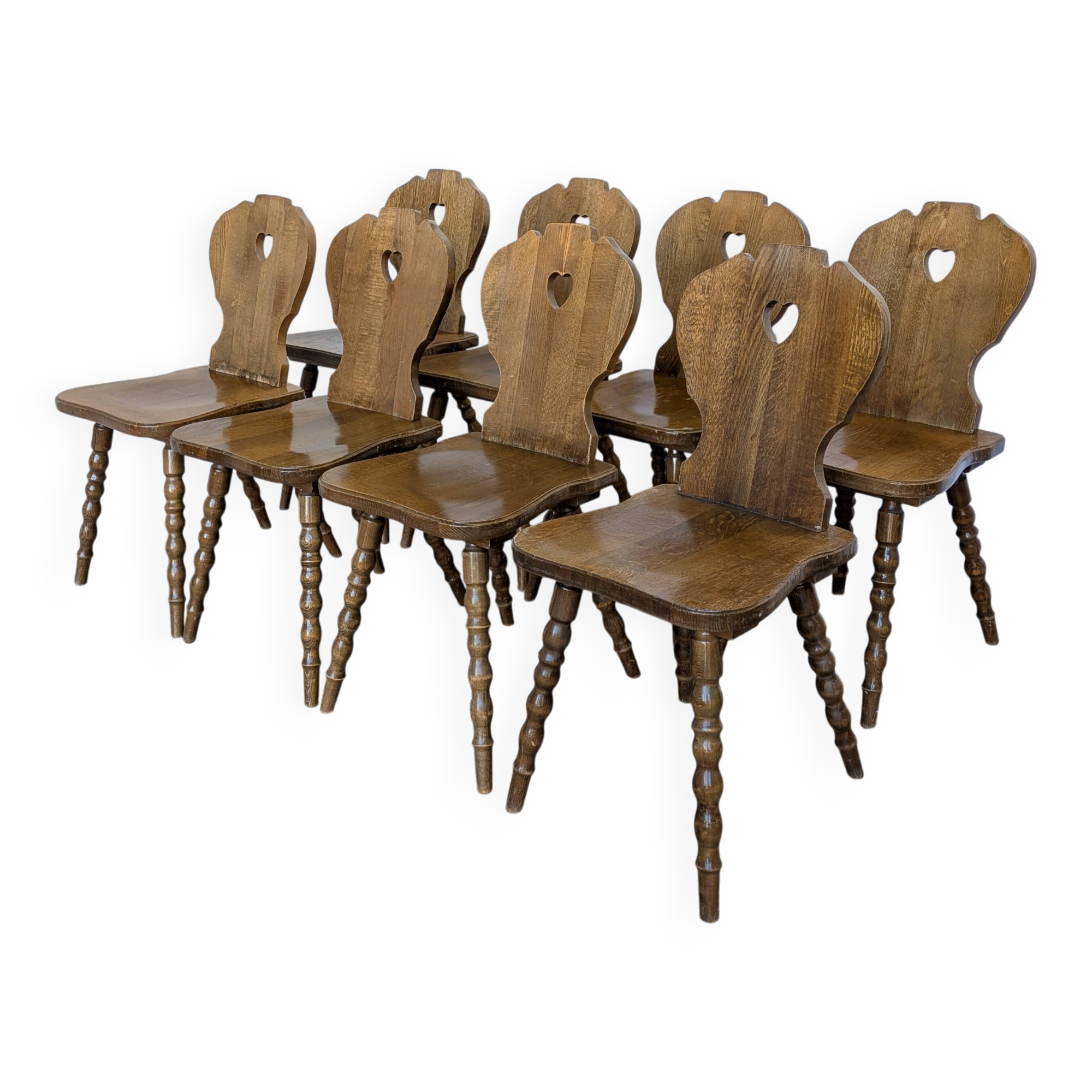 Set of 8 Vintage Tyrolean Heart Cutout Wooden Dining Chairs / Darker Brown