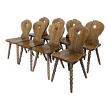 Set of 8 Vintage Tyrolean Heart Cutout Wooden Dining Chairs / Darker Brown