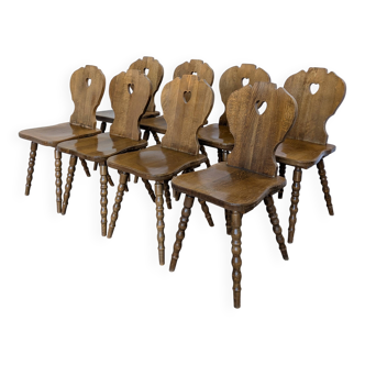 Set of 8 Vintage Tyrolean Heart Cutout Wooden Dining Chairs / Darker Brown