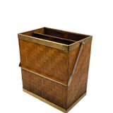 Hollywood regency brass and woven bamboo magazine rack, Metal Linea Nova Italy 1970