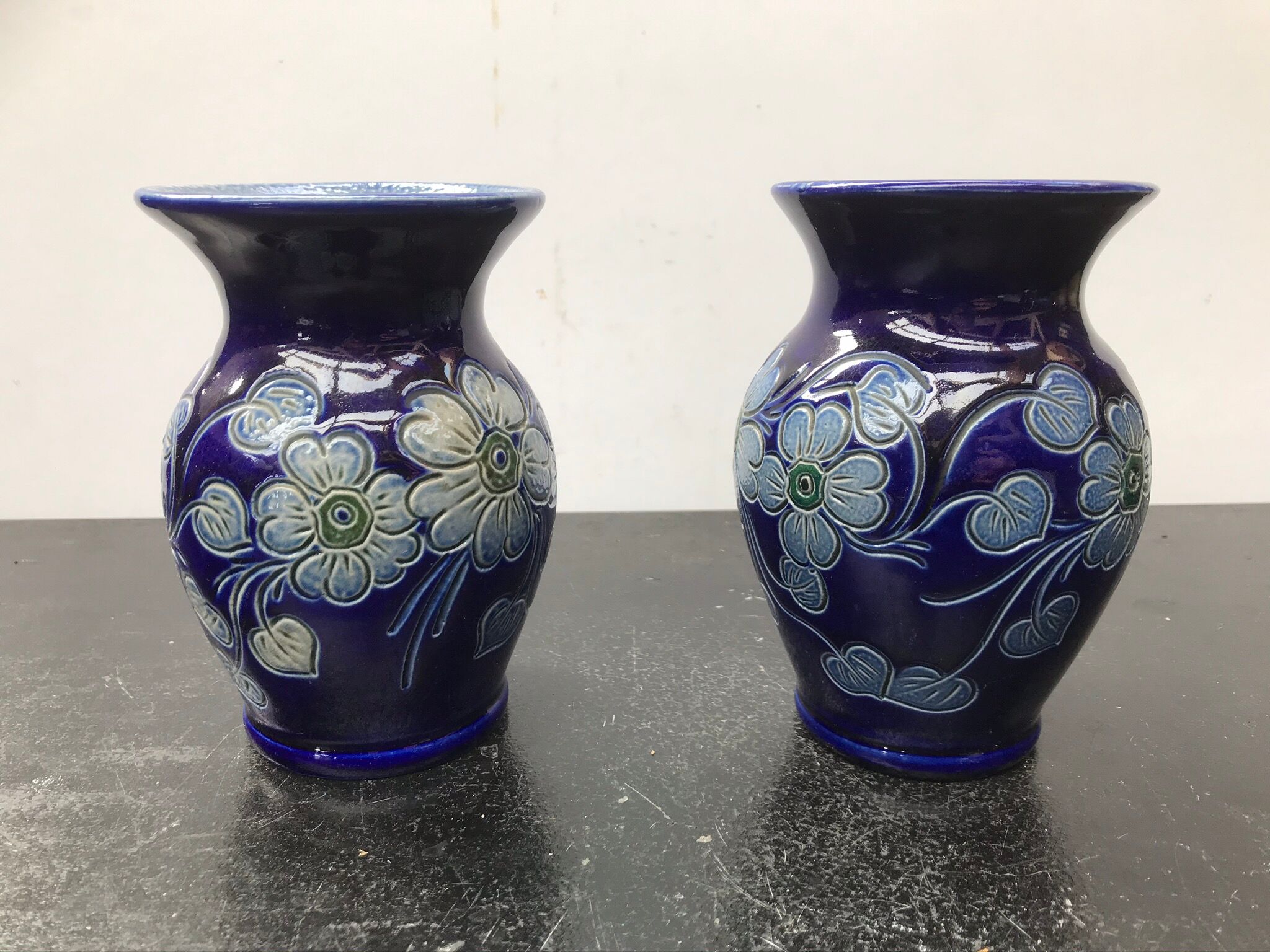 Pair of old Betschdorf vases in vintage Alsace blue enamelled stoneware