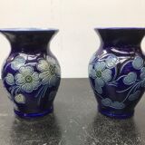 Paire de vases ancien Betschdorf grès émaillé bleu alsace vintage
