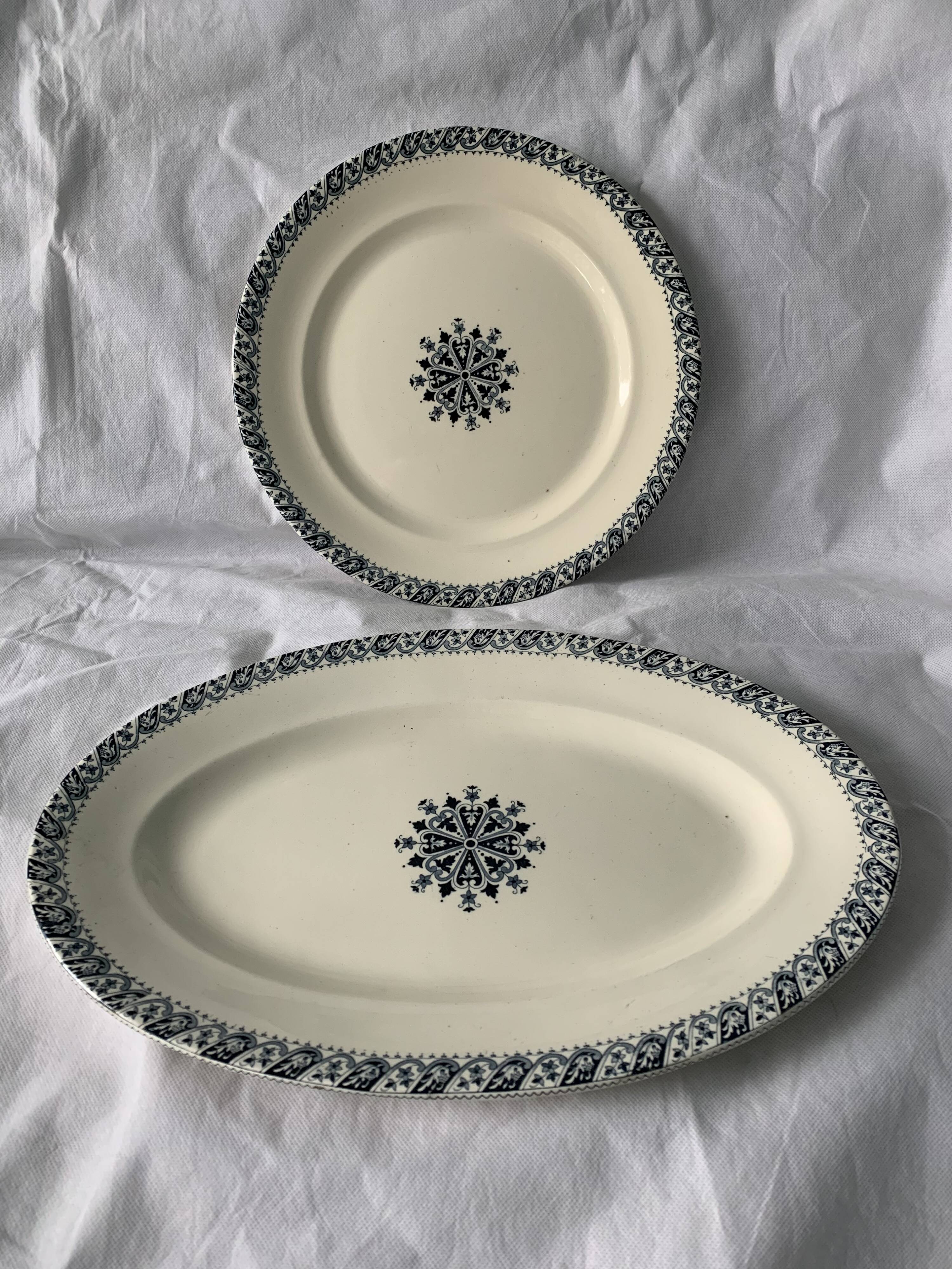 Lot of 12 old flat plates and 2 dishes, Terre de fer Henri II Salins