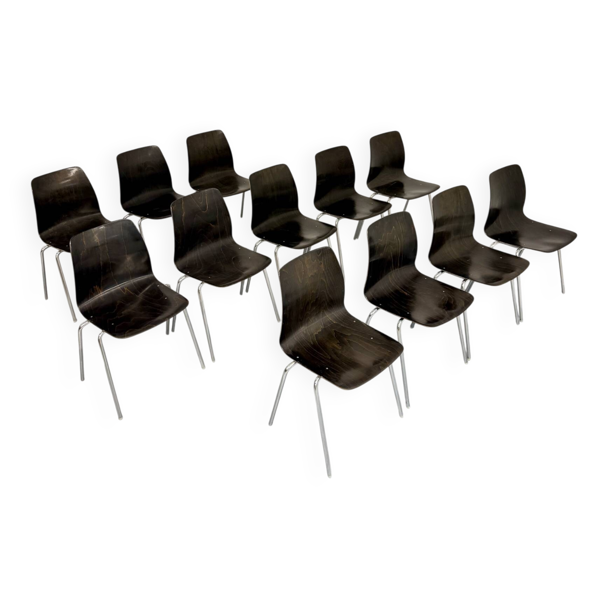 Set of 12 wooden and chrome chairs, Pagholz design from the 80s, vintage Pagwood.