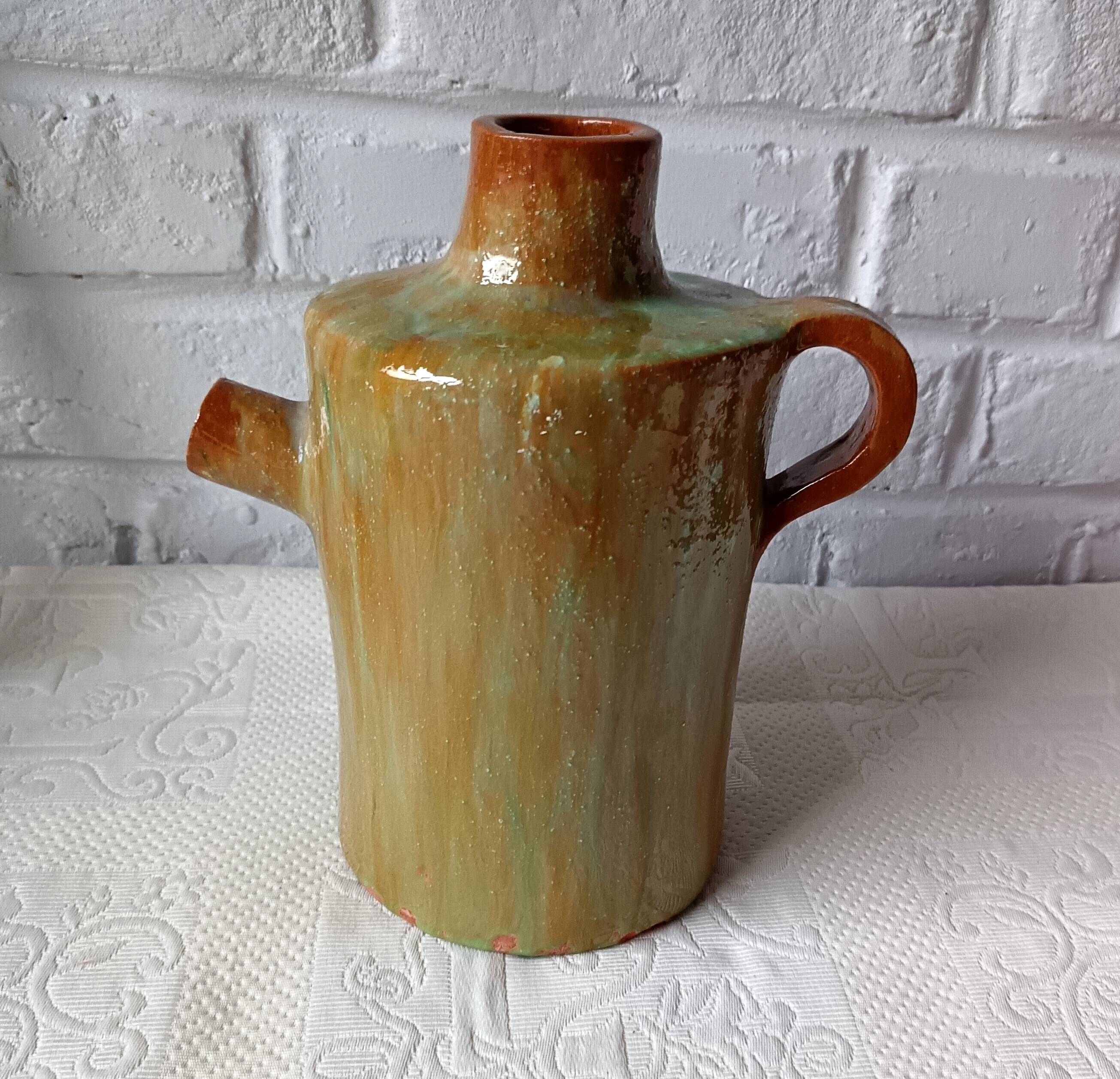 Vintage green enamelled handmade terracotta jar France