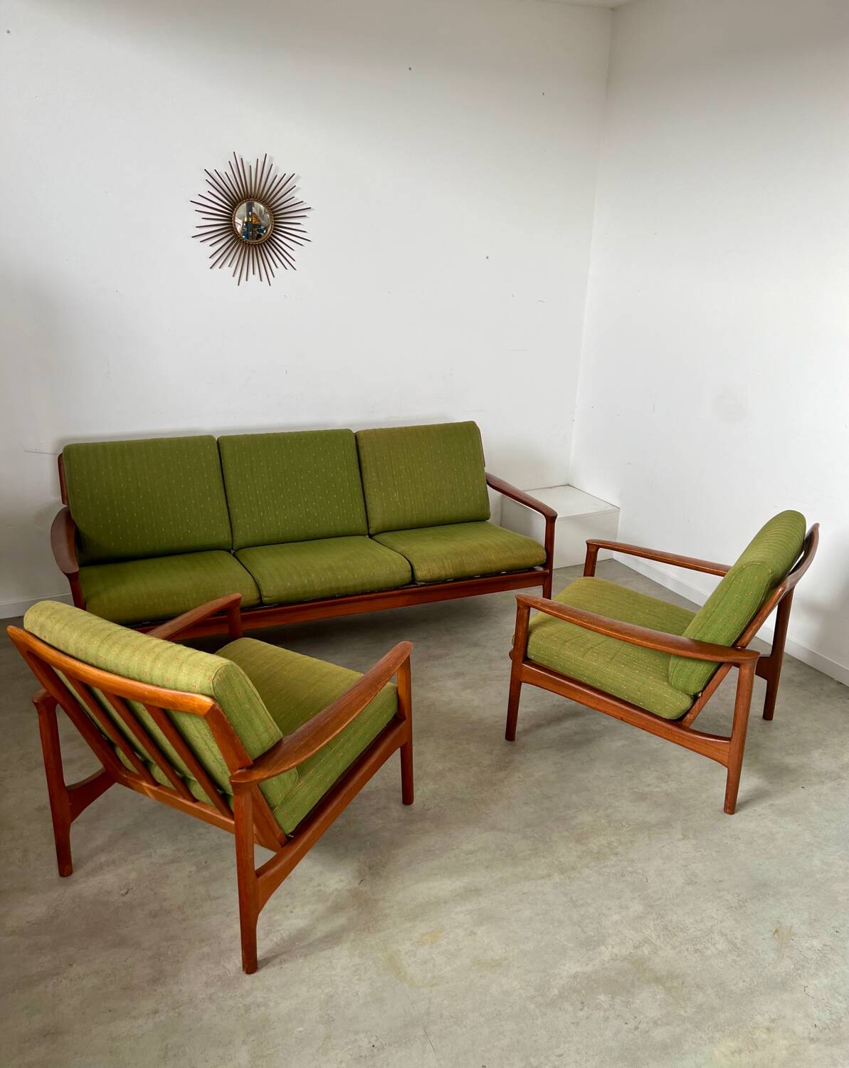 Living room set sofa armchair coffee table Scandinavian design 60s Swedish vintage teak