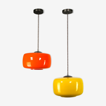 Mid-century orange and yellow glass pendant lamp, set of 2