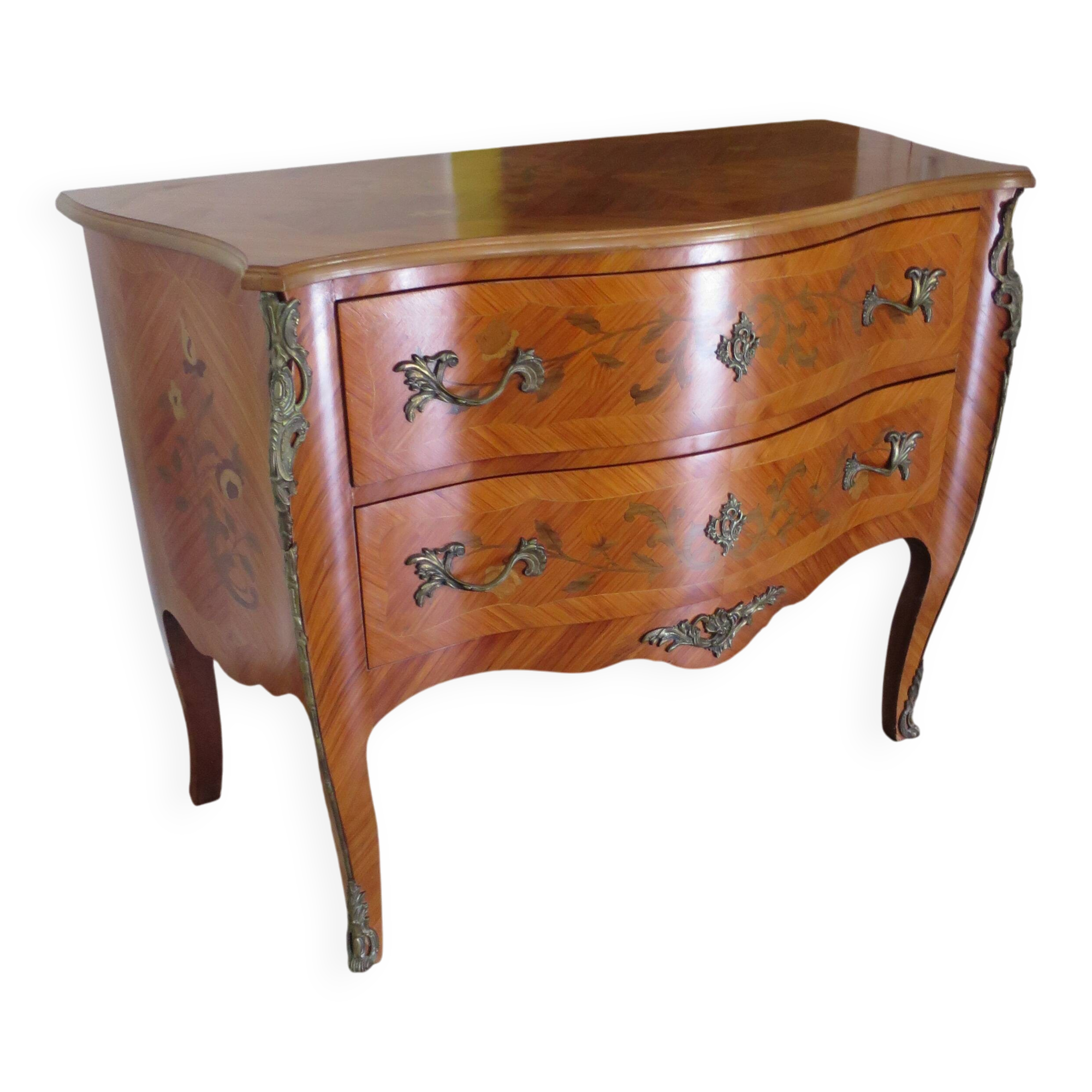 Louis XV commode - 2 drawers - floral marquetry - bronze ornament - 1950