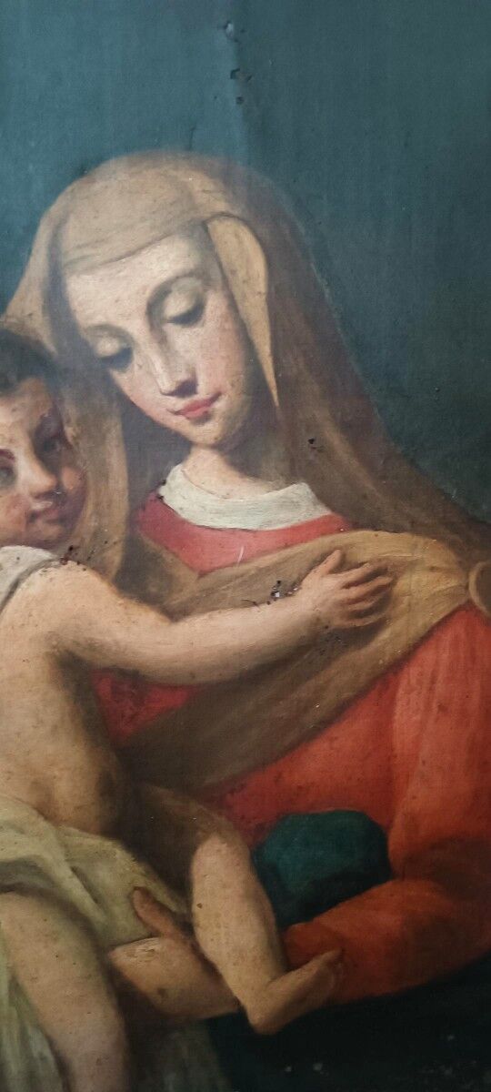 Old oil painting on canvas "Virgin Mary with Child"