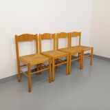Set of 4 vintage brutalist chairs in light wood and straw from the 70s