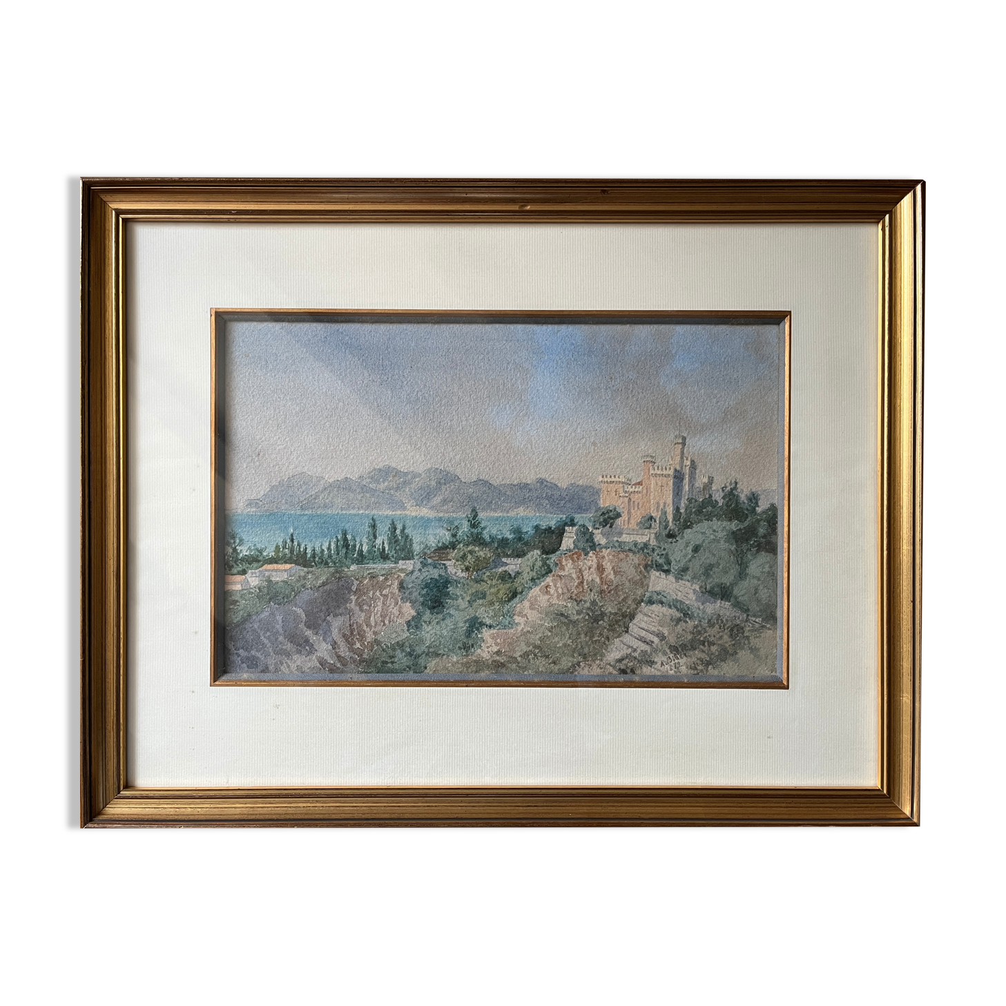 Original watercolour painting "Cateau de la Napoule A. Biber 1879 Alpes Maritimes"