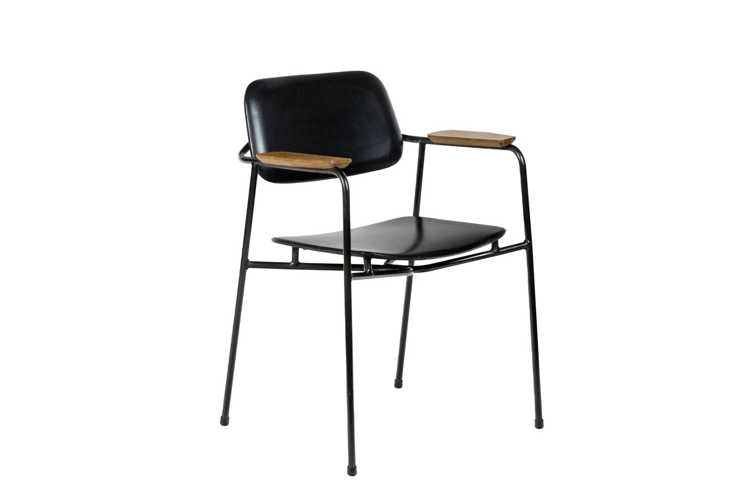 Paire de fauteuils en métal, chêne et cuir, années 1950