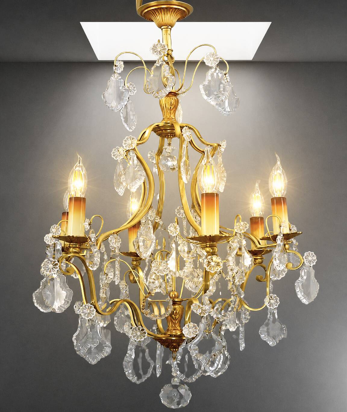 Lustrous Gold Bronze & Bohemian Crystal with Six Lights Louis XV * Lucien GAU
