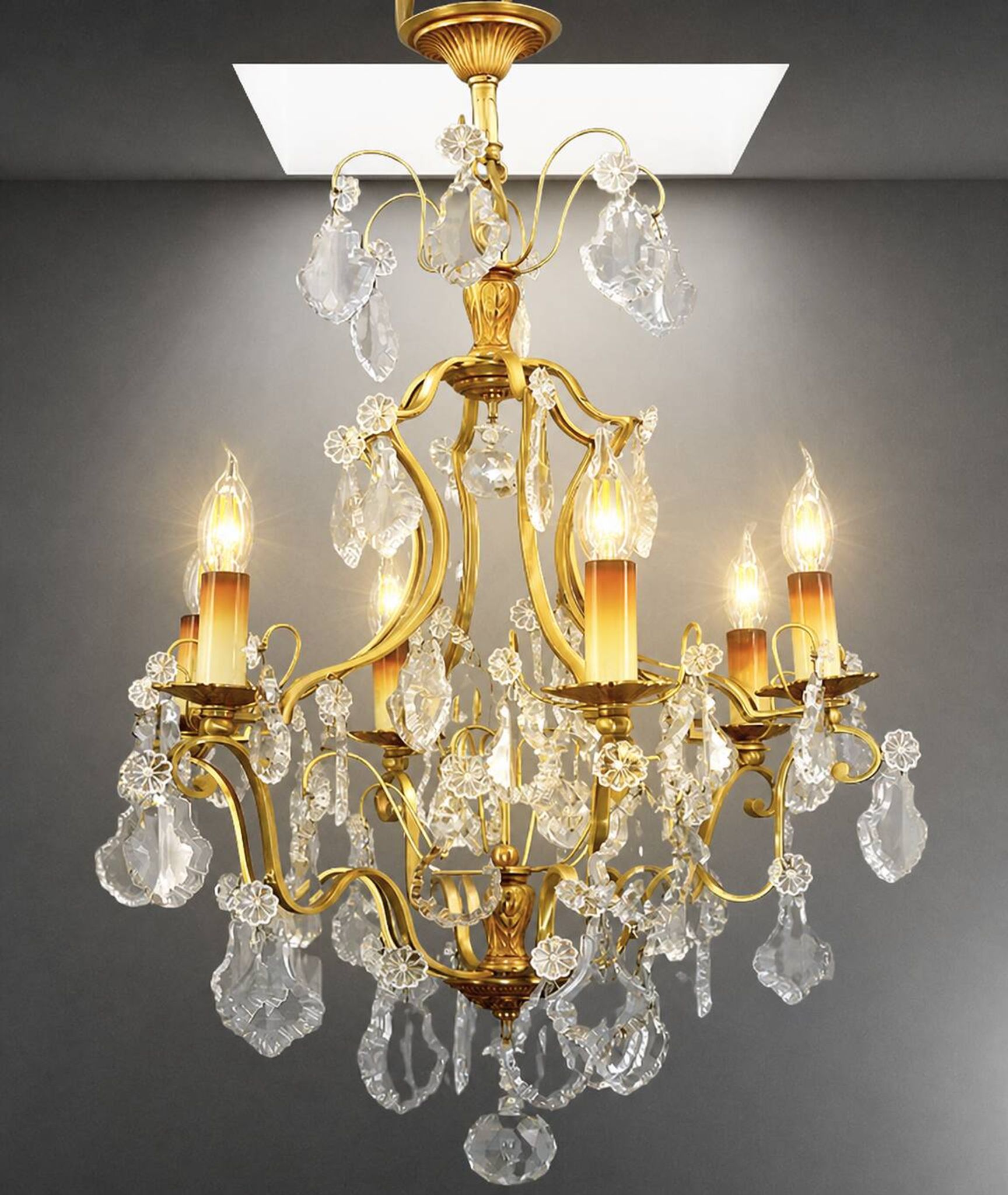 Lustrous Gold Bronze & Bohemian Crystal with Six Lights Louis XV * Lucien GAU