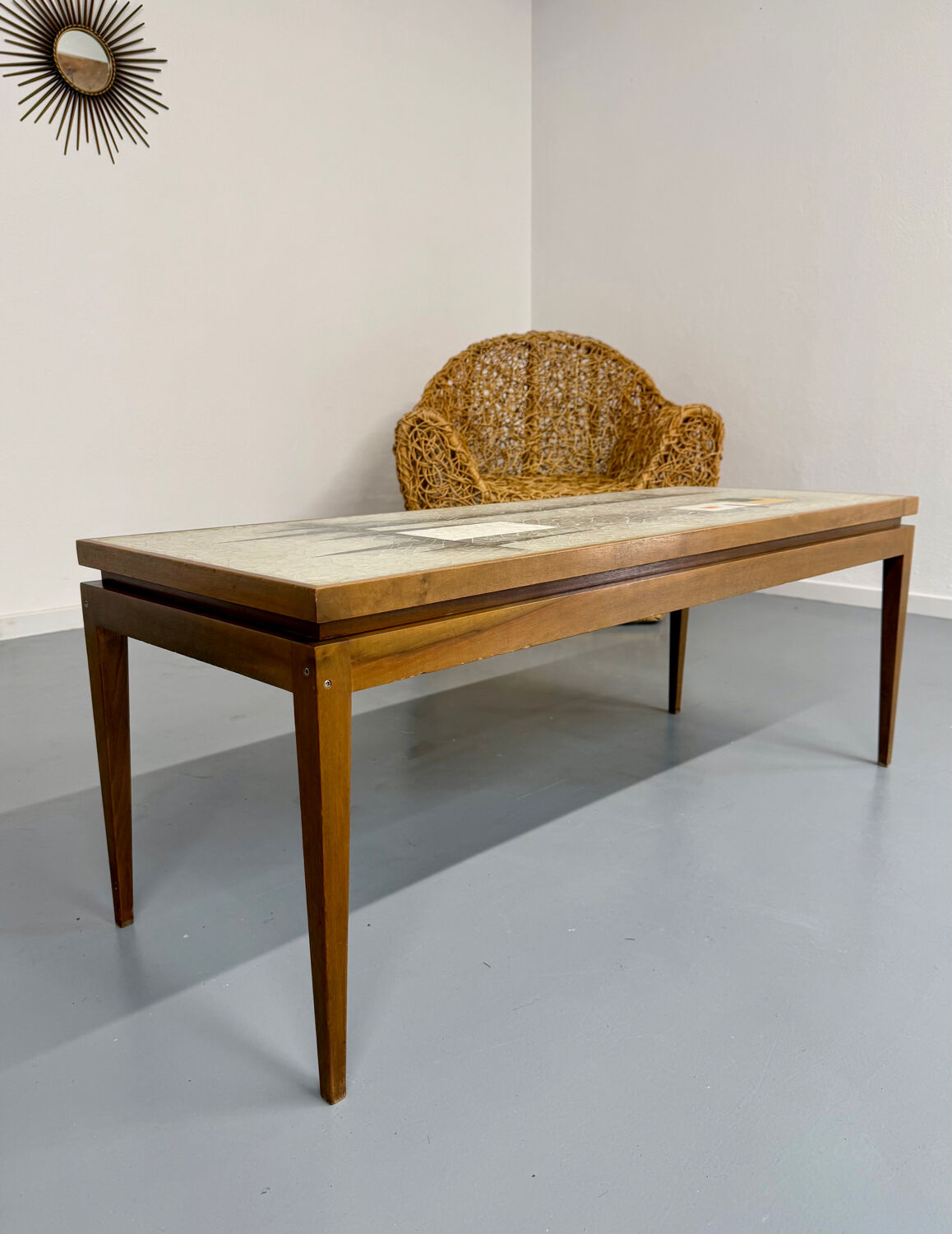 Vintage coffee table with mosaic top, 1960s modernist graphic design.