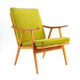 Green vintage armchair, Cal velvet fabric, solid wood 60s / 70s