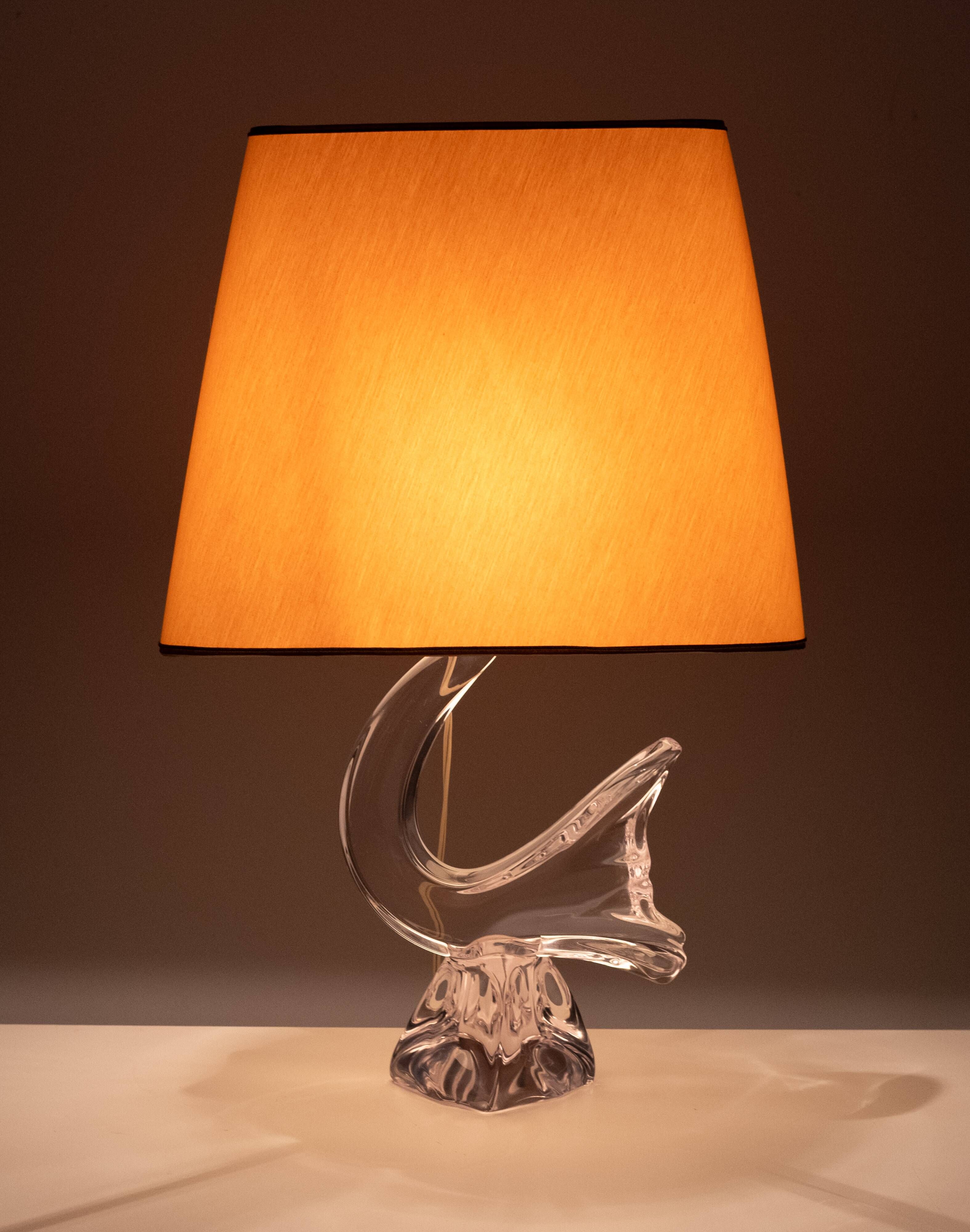 Daum Crystal Glass Bird Table Lamp, Vintage 1960s, France, Oval Shade