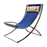 Marcello Cuneo ‘Louisa’ lounge chair in blue canvas and white leather, Italy 1970s