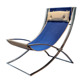 Chaise longue Marcello Cuneo en toile bleue et cuir blanc, italie années 1970