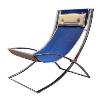 Marcello Cuneo ‘Louisa’ lounge chair in blue canvas and white leather, Italy 1970s
