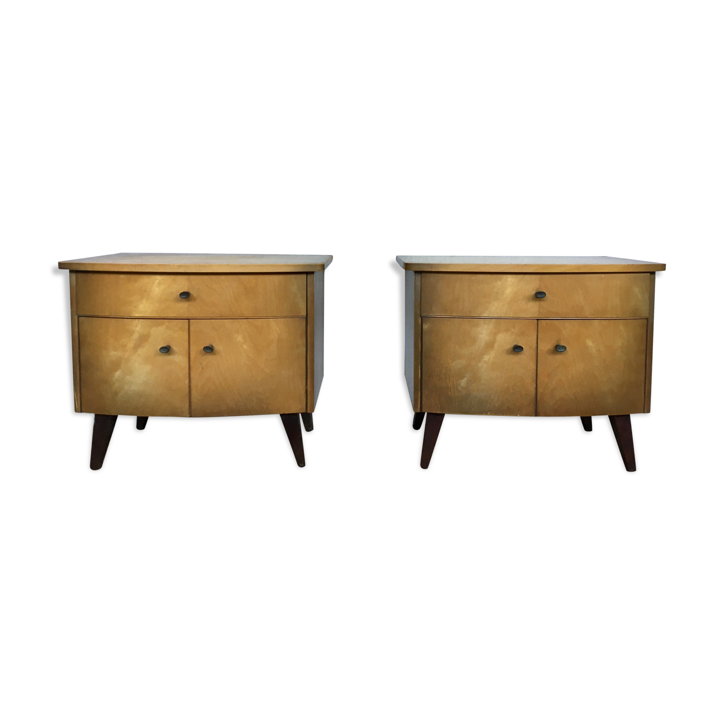 Paire de tables de nuit pieds compas chevet bout de canapé vintage ancien 1950 1960 rétro