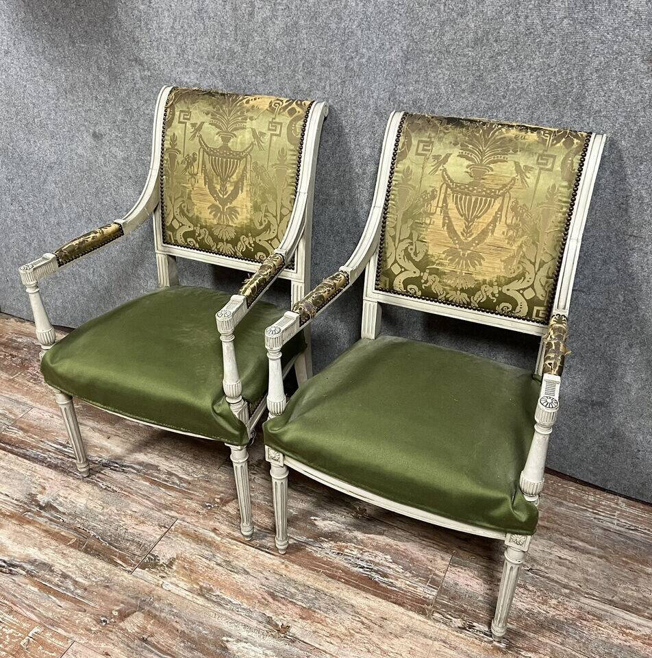Pair of Louis XVI style armchairs in lacquered wood circa 1850 (B)