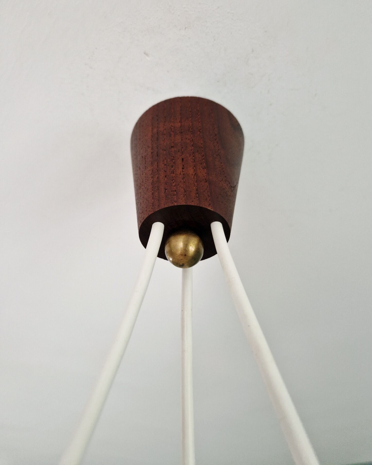 Scandinavian chandelier in teak and white opaline, 1960s