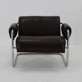 1950s Pair of Tubular Armchairs in Leather, Czechoslovakia