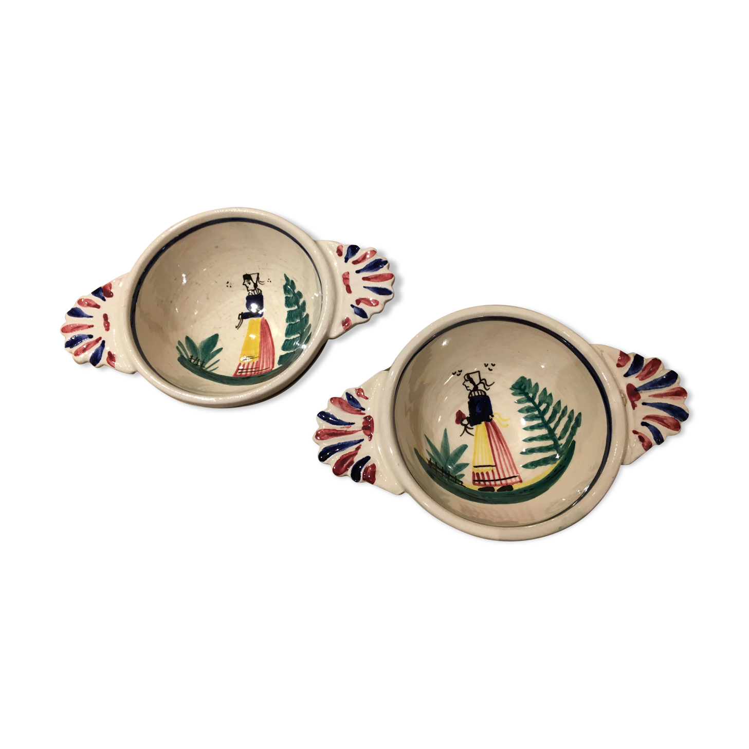 2 Ancient Ear Bowls (1950) - Hand-painted Quimper Ceramics